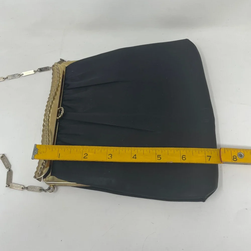 Vintage HL USA Black Satin Evening Bag Gold Frame Chain Shoulder Clutch Bag